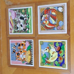 Vintage Gailstyn Sutton set of 4 ceramic tile framed wall hanging art trivets